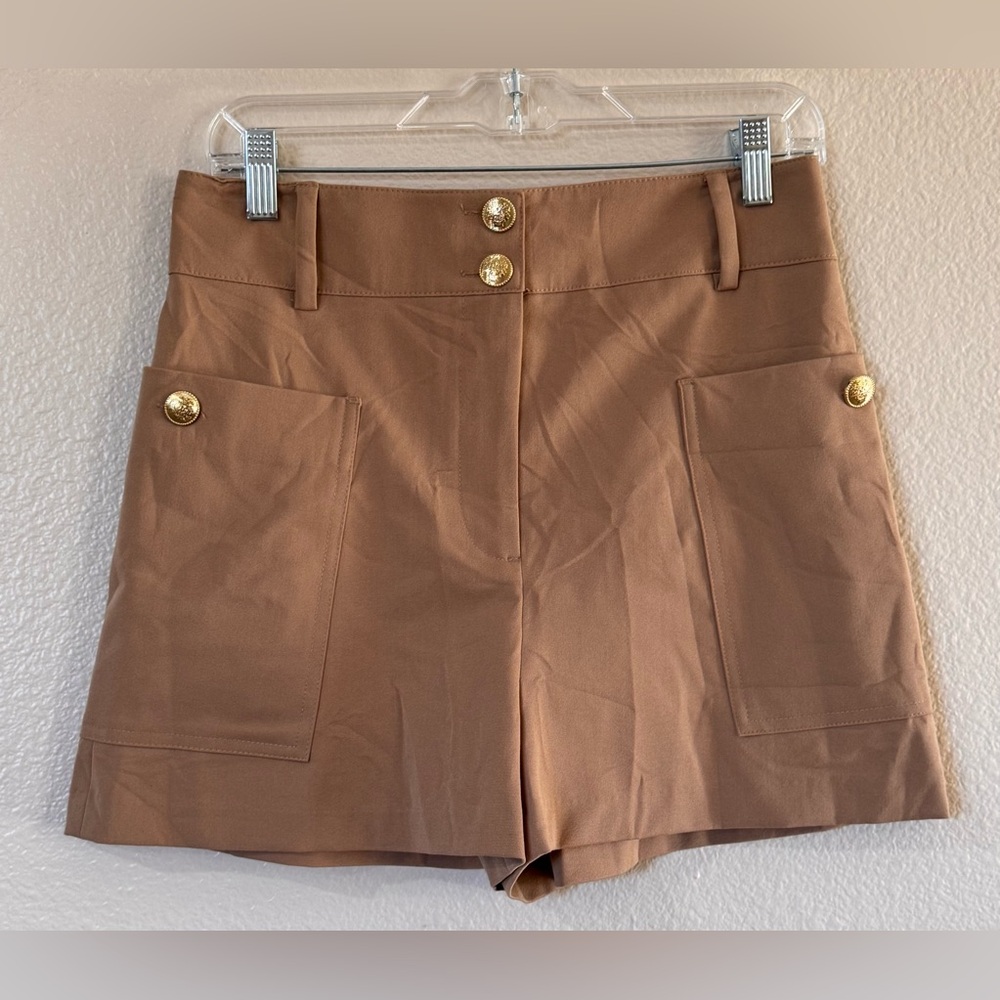 Zara High-Waist Pocket Shorts in Brown with Gold Buttons